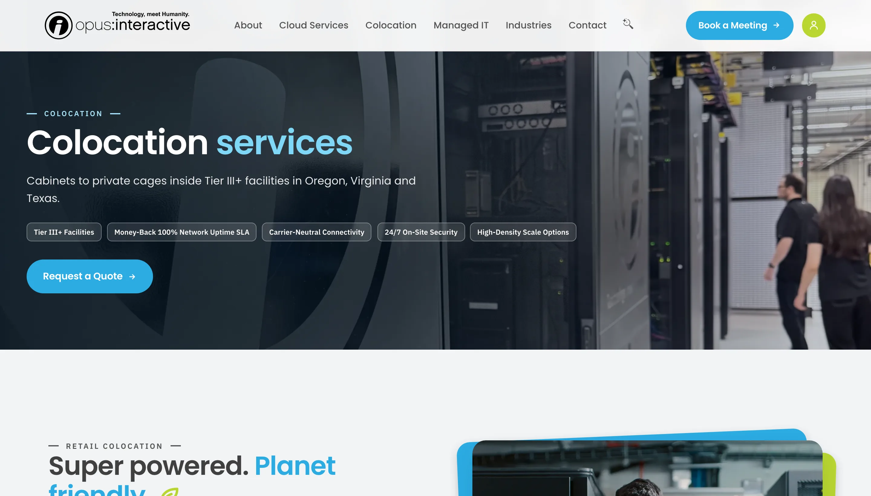 The colocation service page, with a custom hero image of data center cabinets.