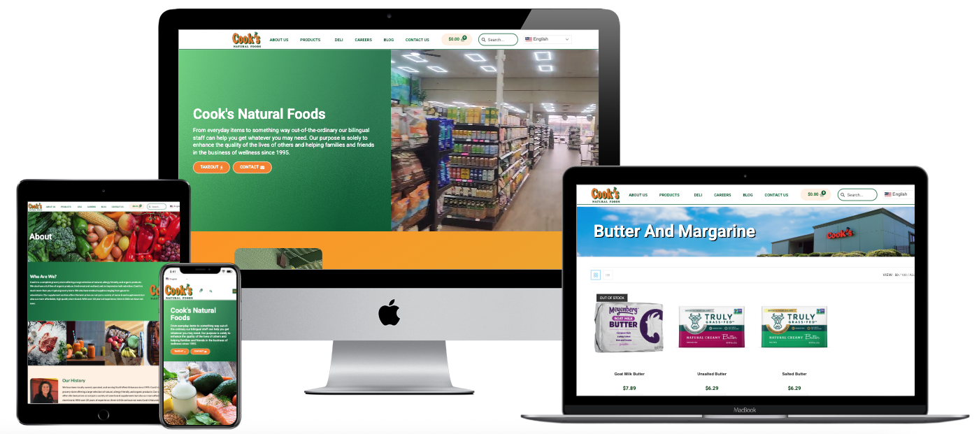 Cook's Natural Foods e-commerce website design — multi-device mockup