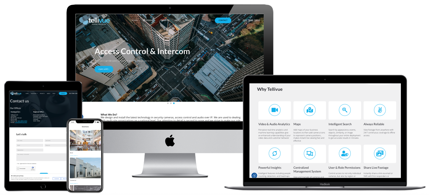 Tellivue security cameras and access control website design — multi-device mockup